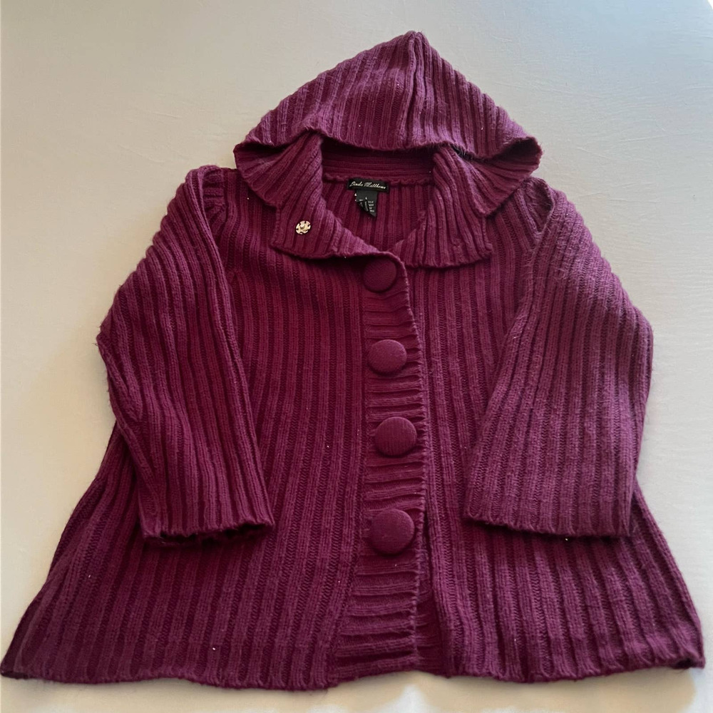 LINDA Matthews Purple button down hooded sweater L